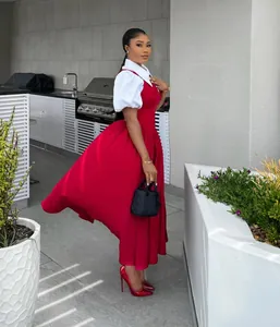 Elegant red and white puff sleeve faux two-piece dress with a classic shirt collar.