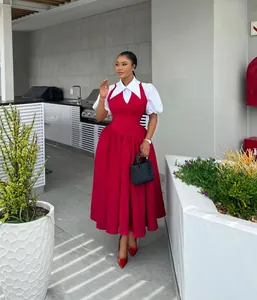 Elegant red and white fake two-piece dress with puff sleeves and shirt collar detail