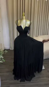 Elegant black pleated long maxi dress with high waist design and adjustable straps