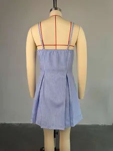 Detailed back view of a stylish blue and white striped A-line slip dress on a mannequin