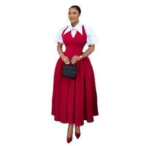 Elegant red and white puff sleeve maxi dress with shirt collar for women's summer fashion