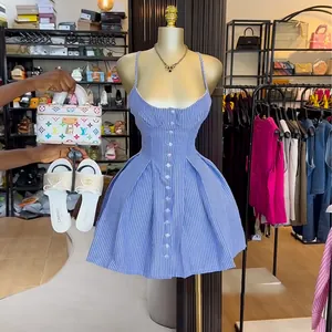 Women Summer Striped A-Line Cami Dress Blue Button Front Sleeveless Short Sun Dress For Casual Vacation Daily Wear