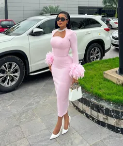 Detail eines rosa langärmeligen Midikleids mit eleganten Federbündchen und Ausschnitt-Detail