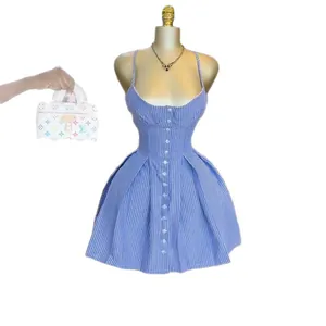 Elegant summer blue and white striped A-line camisole dress with a button front
