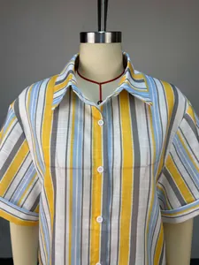 Close-up detail of a sweet yellow and blue striped lapel short-sleeve shirt for summer