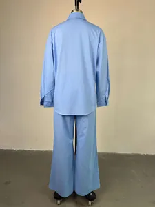 Vista trasera de un conjunto de camisa azul claro y pantalón de pierna ancha en maniquí.