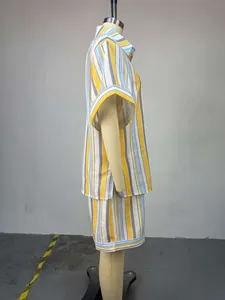 Side view of a yellow and blue striped short-sleeved shirt and matching shorts set