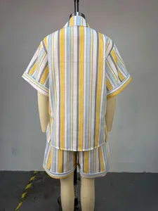 Back view of a yellow and blue striped short-sleeve shirt and matching shorts set