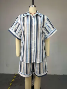 Complete look of the striped short sleeve shirt and matching high waist shorts on a mannequin
