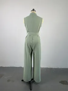 Back view of light green sleeveless wide-leg jumpsuit with belted waist on a mannequin