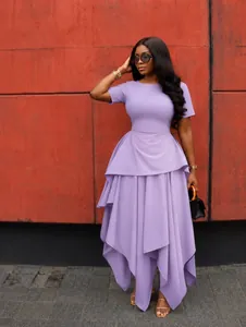 Elegant lavender short sleeve maxi dress featuring an asymmetric layered skirt for women