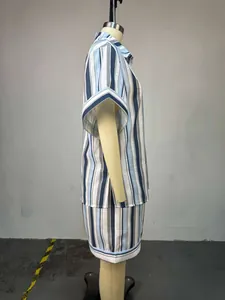 Detailed side view of a summer blue and grey striped shirt and shorts set on a mannequin