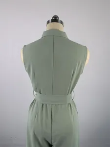 Back view of a sage green sleeveless wide-leg jumpsuit with cinched waist belt detail