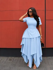 Elegant light blue short sleeve dress with unique irregular tiered maxi hem design