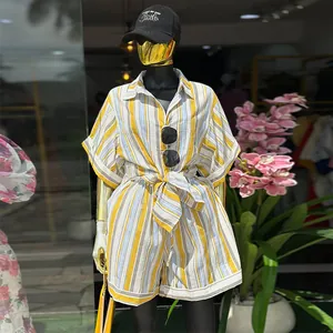 Women Summer Striped Short Sleeve Lapel Shirt And High Waist Straight Shorts Top And Bottom Set Casual Sweet Fresh Outfit