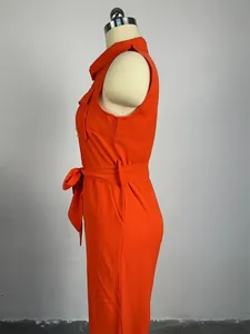 Detailed side view of a vibrant orange sleeveless jumpsuit featuring a lapel collar and belt