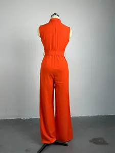 Back view of orange sleeveless wide-leg jumpsuit with lapel collar and belt