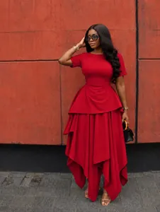 Stylish red round neck short sleeve dress with asymmetric peplum hem and high waist design