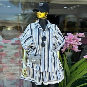 Summer blue and grey striped short sleeve lapel shirt and high waist shorts two-piece set