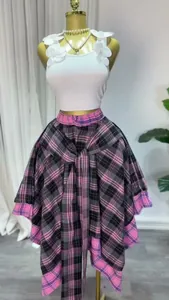 European style high waist pink and black plaid irregular A-line skirt with bow tie