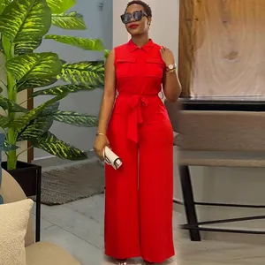 Full view detail of a vibrant red sleeveless wide-leg jumpsuit with belted waist design