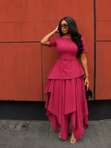 Elegant wine red dress featuring a high waist and irregular layered ruffled hemline