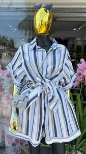 Chic blue and white striped short sleeve shirt and high waist shorts 2-piece summer set