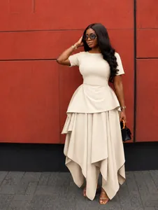 Elegant cream-colored round neck short sleeve asymmetrical ruffled maxi dress for women