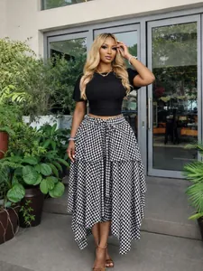 Full view of elegant high-waist houndstooth plaid irregular skirt with lace-up waist