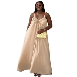 Vestido largo beige holgado con cuello en V y tirantes finos para el verano casual