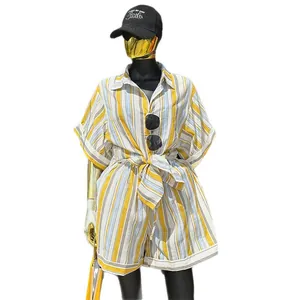 Sweet striped two-piece set with short sleeve shirt and high waist shorts