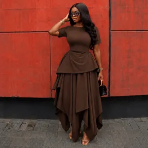 Women Short Sleeve Asymmetrical Tiered Maxi Dress Solid Color High Waist Slim Fit Ruffle Hem Summer Casual Long Dress