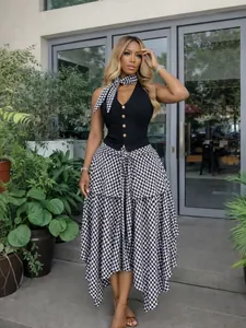 High-waisted gingham irregular midi A-line skirt with tie-front detail for summer