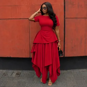 Elegant red high-waisted irregular hem maxi dress with round neck and short sleeves for women