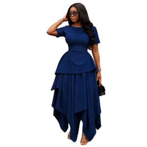 Navy blue asymmetric high waist dress with short sleeves and irregular ruffled hem