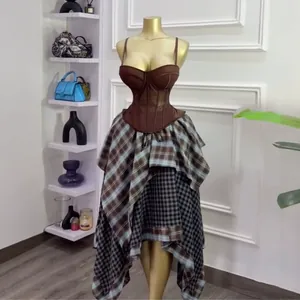 Elegant brown corset camisole paired with asymmetrical plaid skirt summer outfit set