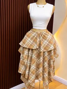 High-waisted brown plaid irregular A-line midi skirt with tiered ruffles display