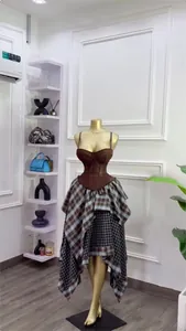 Summer fashion elegant brown corset top and irregular blue plaid skirt set for women