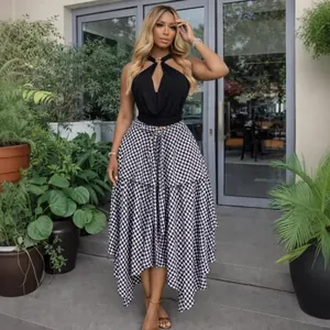 Elegant high-waist gingham midi skirt with irregular hem and tie-front waist detail