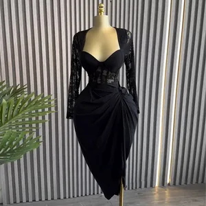 Elegant black midi dress with square neck, long lace sleeves and draped skirt detail