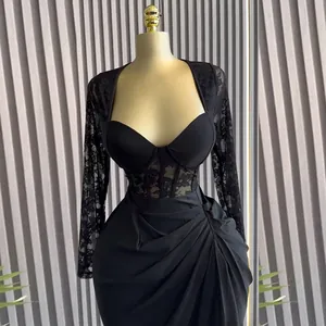 Elegant black midi dress with lace long sleeves and ruched corset bodice detail