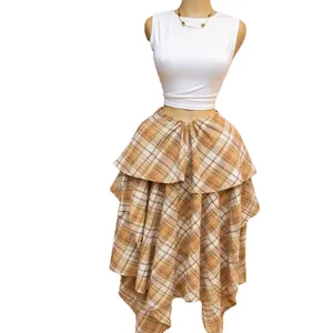 Elegant high waist plaid irregular layered A-line midi skirt for women summer fashion look