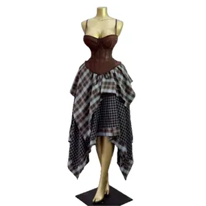 Elegant women's two-piece set featuring a brown corset top and asymmetrical plaid skirt