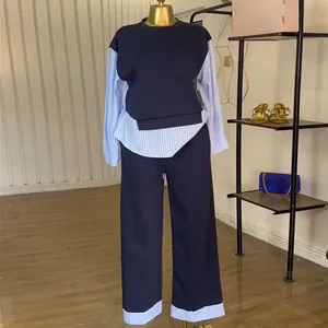 Stylish two-piece casual set with striped patchwork top and high waist wide leg pants.