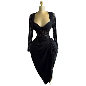 Elegant black lace long sleeve midi dress with draped skirt and corset bodice