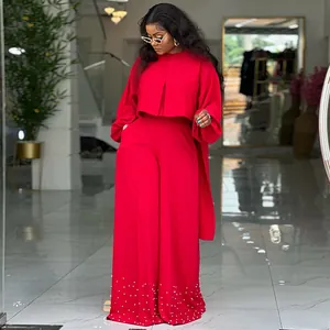 Elegant red round neck top with lantern sleeves and pearl wide-leg pants two-piece set