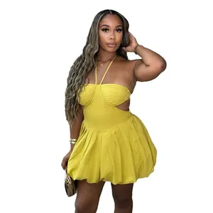 Vibrant yellow halter neck backless high waist mini dress with a puffy bubble skirt