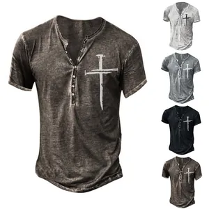 Macro view showing vintage washed fabric and nail cross print on Henley T-shirt