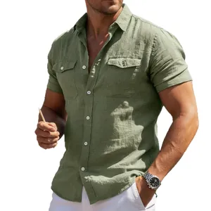 Men's army green cotton linen short sleeve shirt with chest pockets for casual summer wear