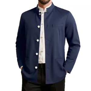 Detailed view of navy blue mandarin collar blazer with traditional frog fasteners